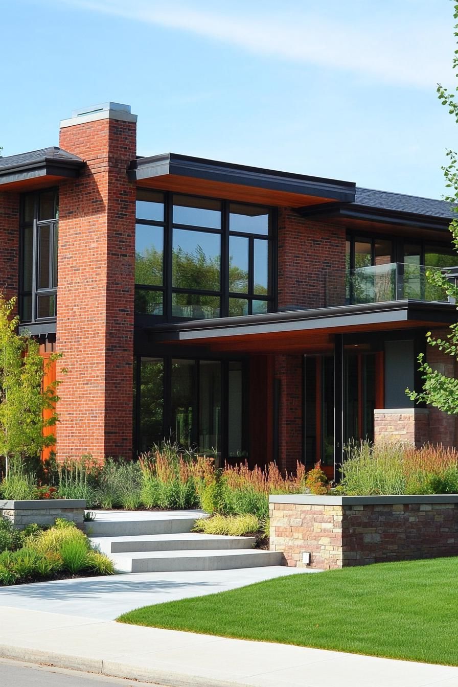 red brick village house with large modern windows concrete paved front yard with lawn and native shrubs 1