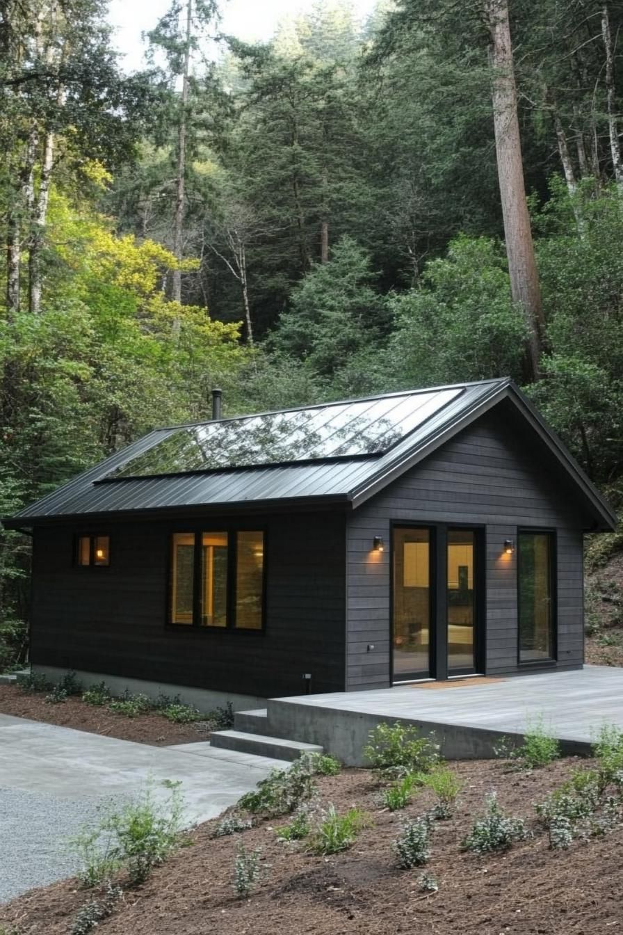 Compact wood cabin with glass roof nestled in the forest