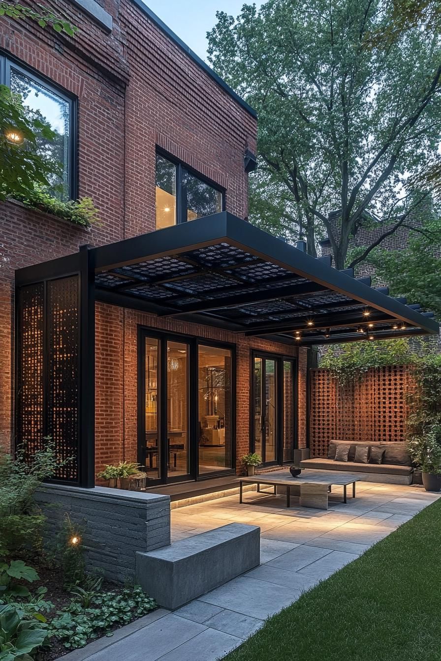 A modern patio with brick walls and glass doors