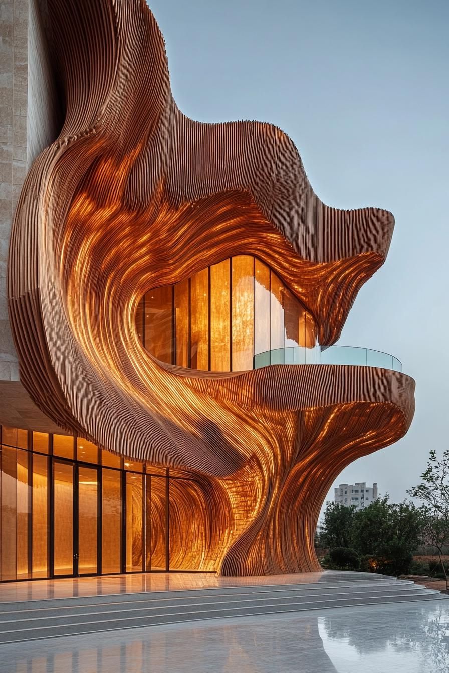 Flowing wooden facade with glowing light