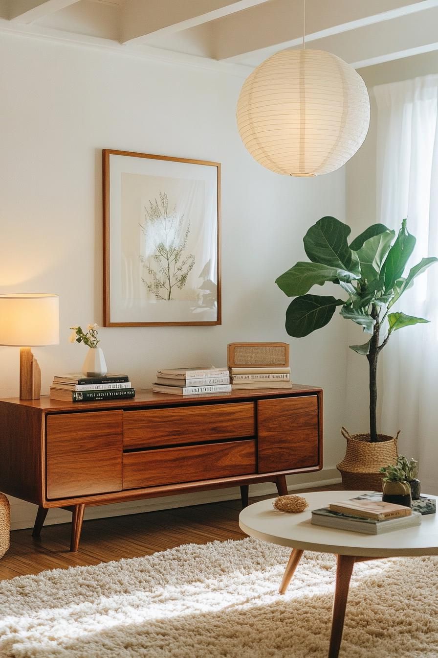 Warm mid-century modern living room with stylish wooden furniture