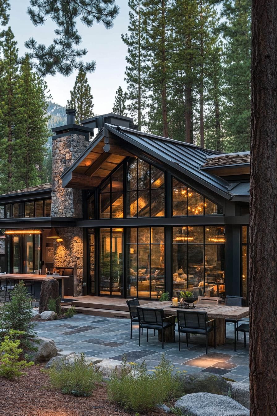 Cozy house with glass walls in a forest setting