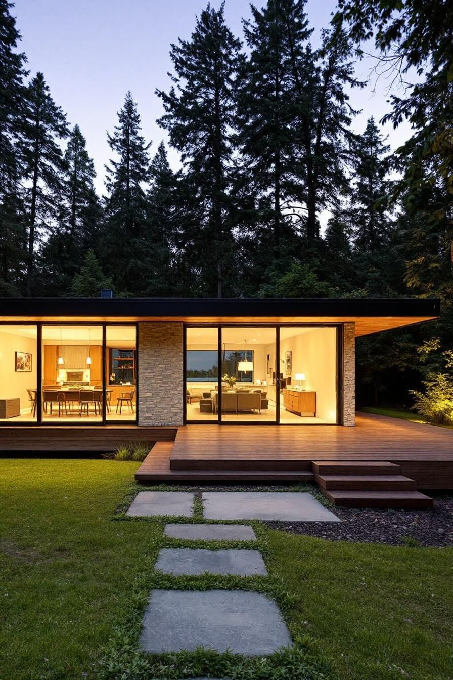 Modern bungalow with large glass windows and a wooden deck