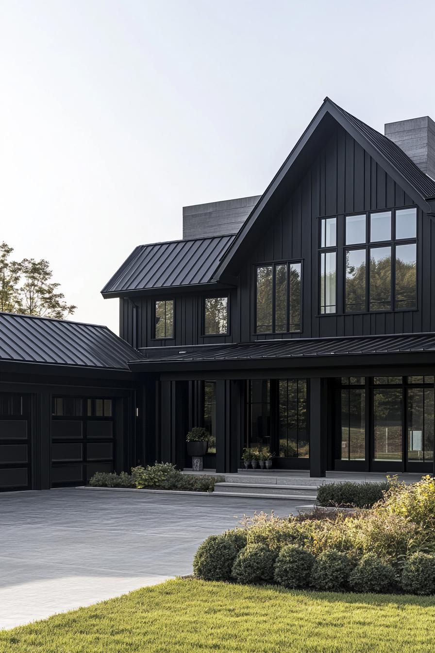 large modern farmhouse with black siding multi pitched black roof modern windows with black trim garage doors front porch with black beam posts 1