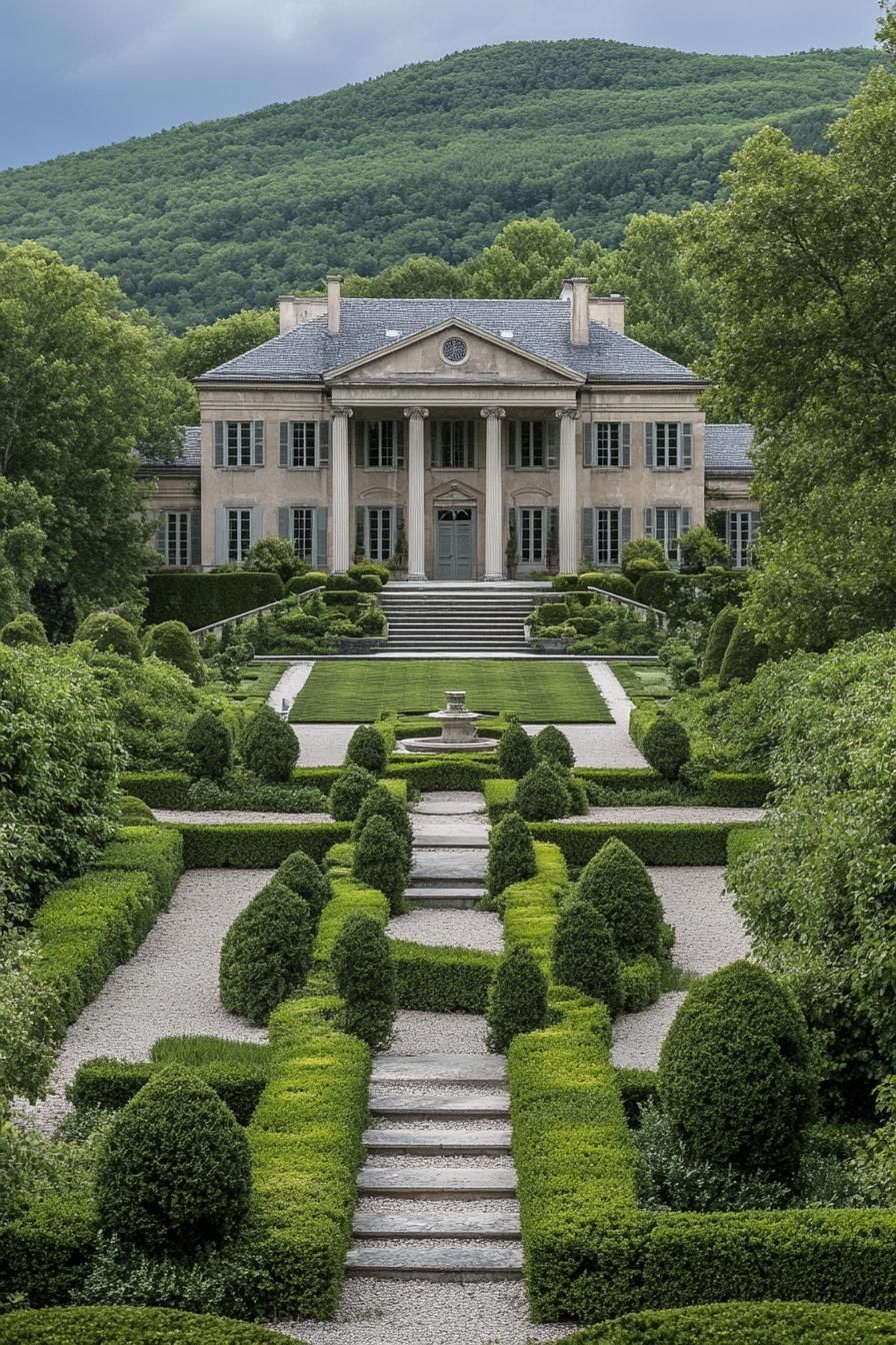 high angle view of Georgien style manor with grey roof facade with columns large front garden with geometric shrubs and paven paths with steps