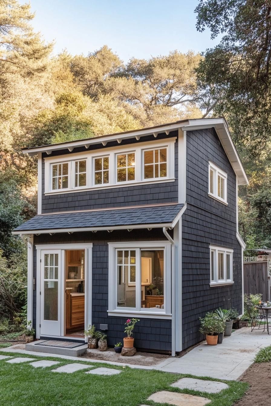 Charming two-story house with blue shingles surrounded by greenery