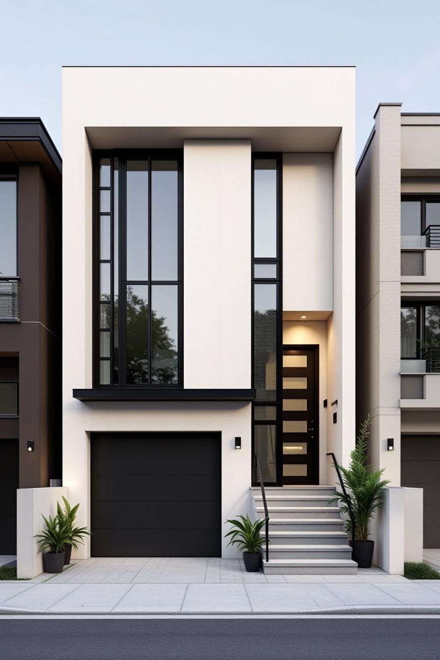 Modern townhome with large windows and black accents