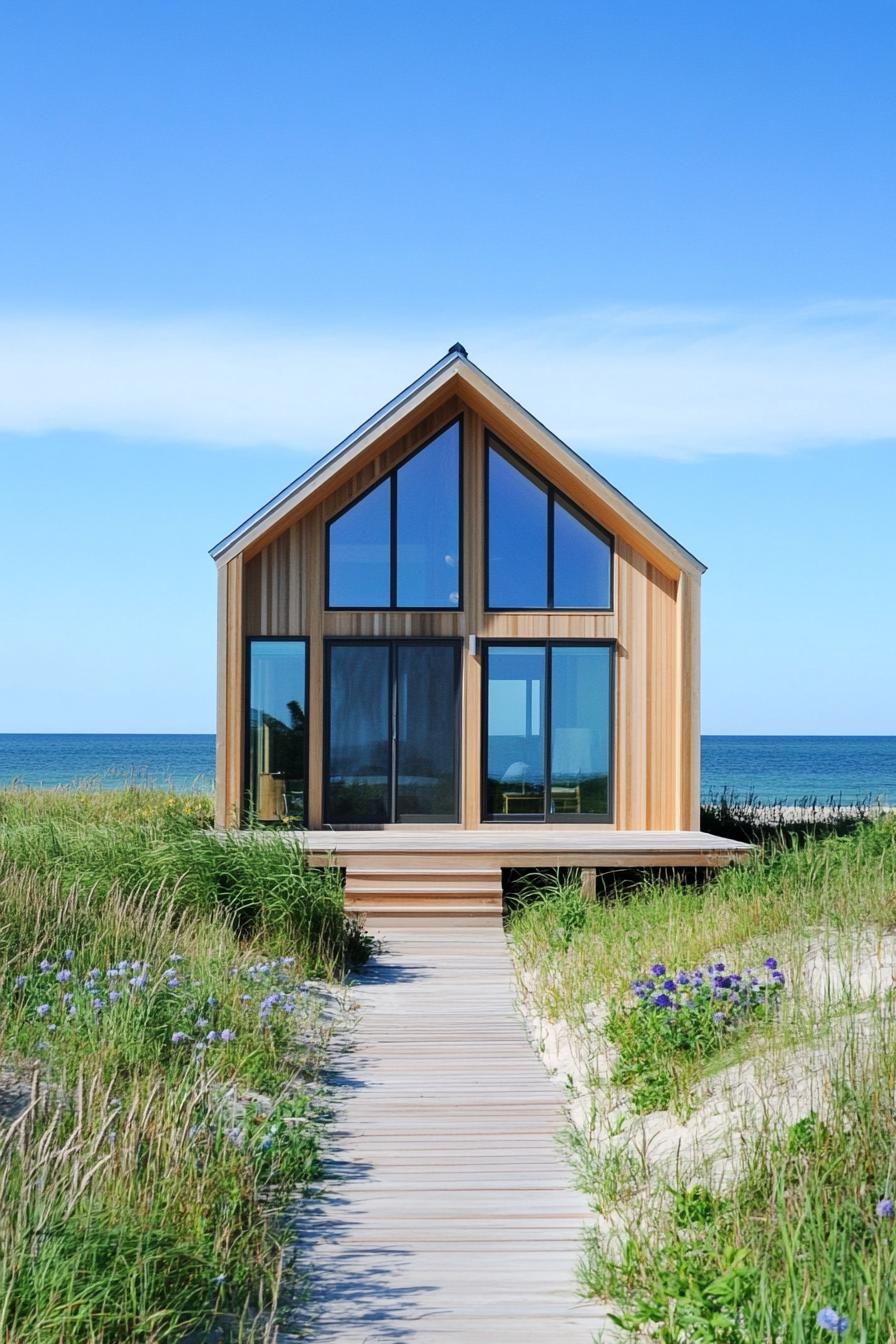 Compact beach house with large glass windows and wooden exterior