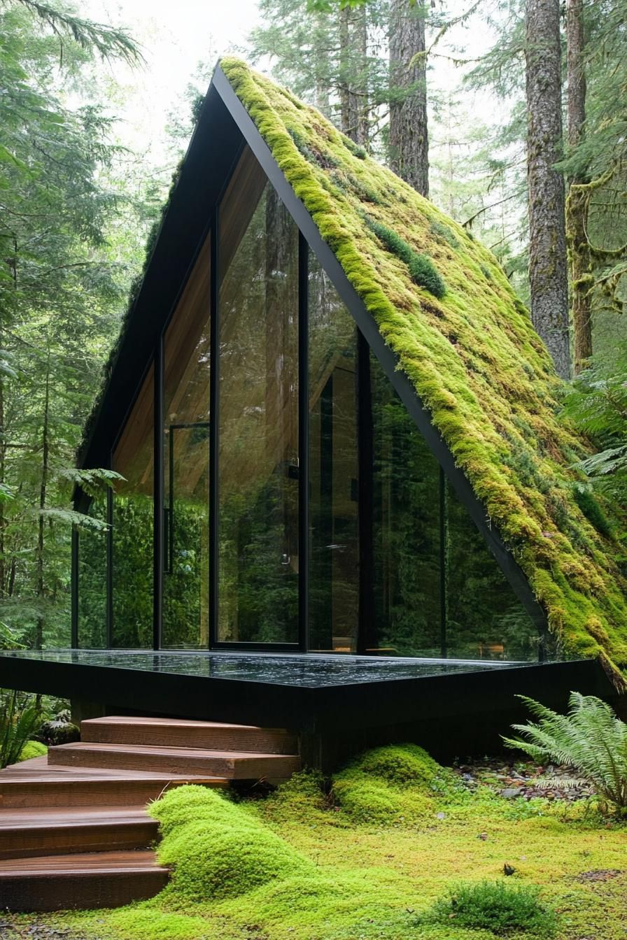 tiny forest modern luxury cabin with slanted moss roof full glass front 1