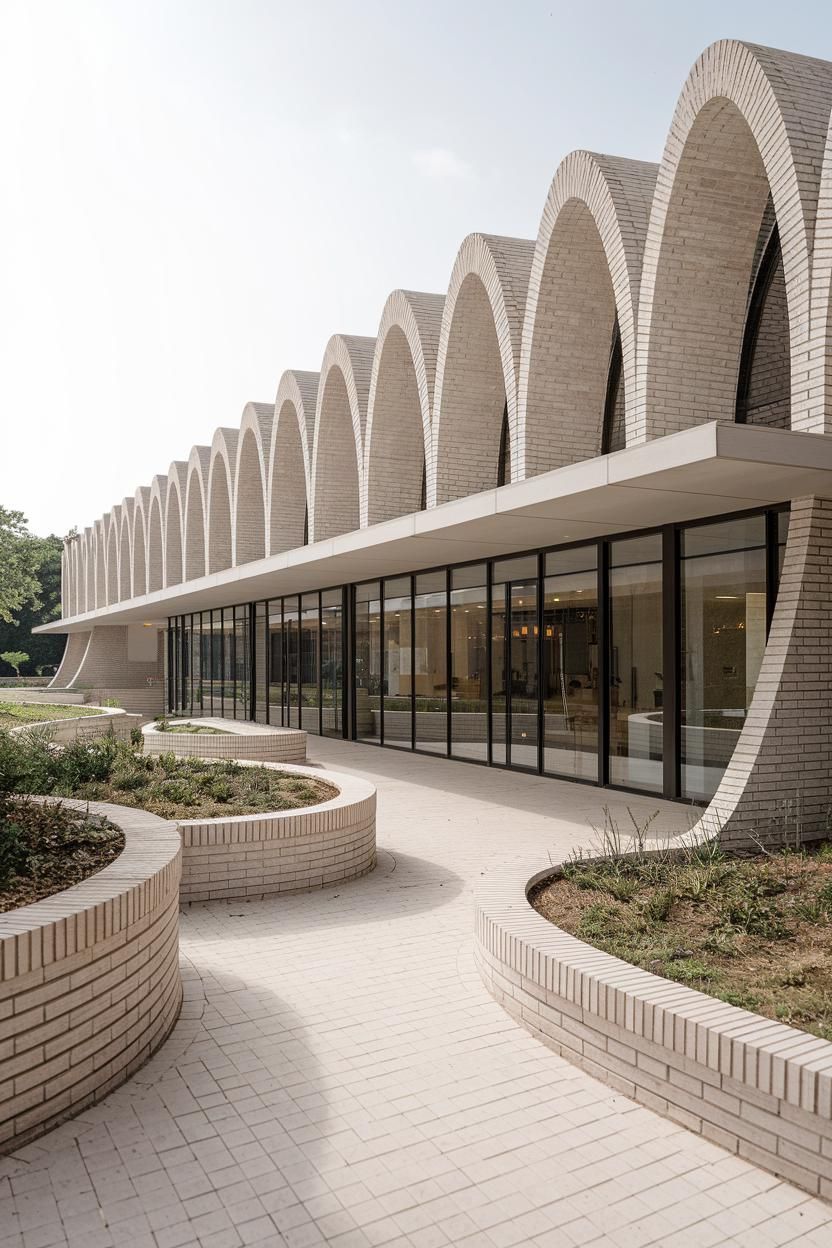 Modern building with repetitive arches and glass facade