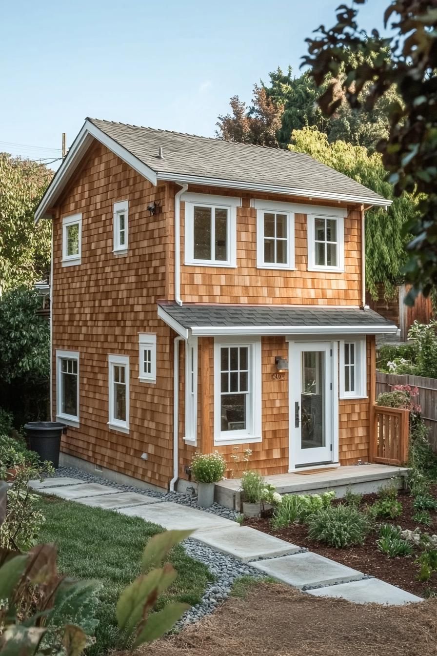 Two-story cedar shed house with white trim