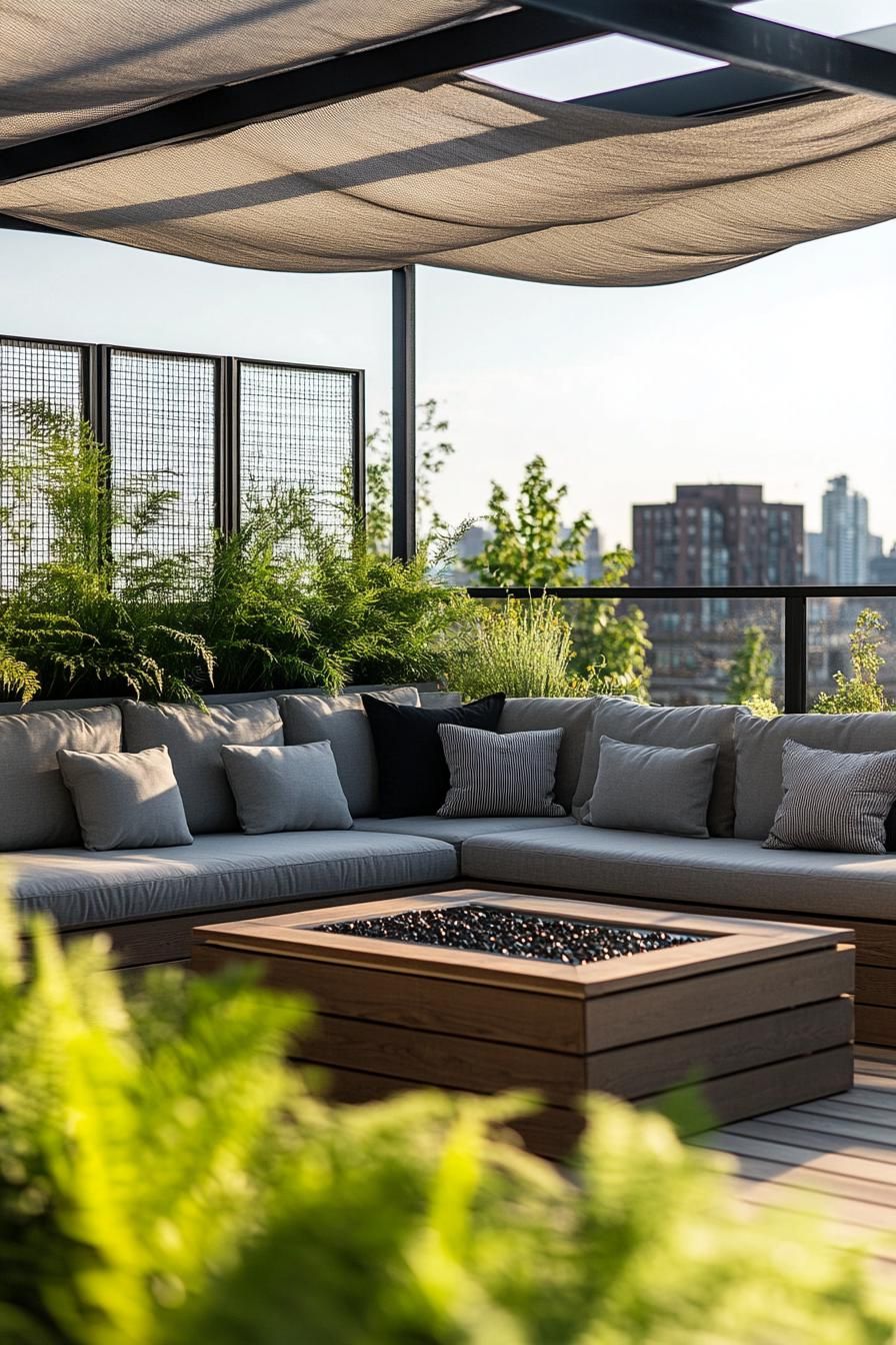 modern rooftop terrrace with sectional cushioned sofa raised wooden deck with gas firepit metal frame and glass screen fabric shade planted fern 1