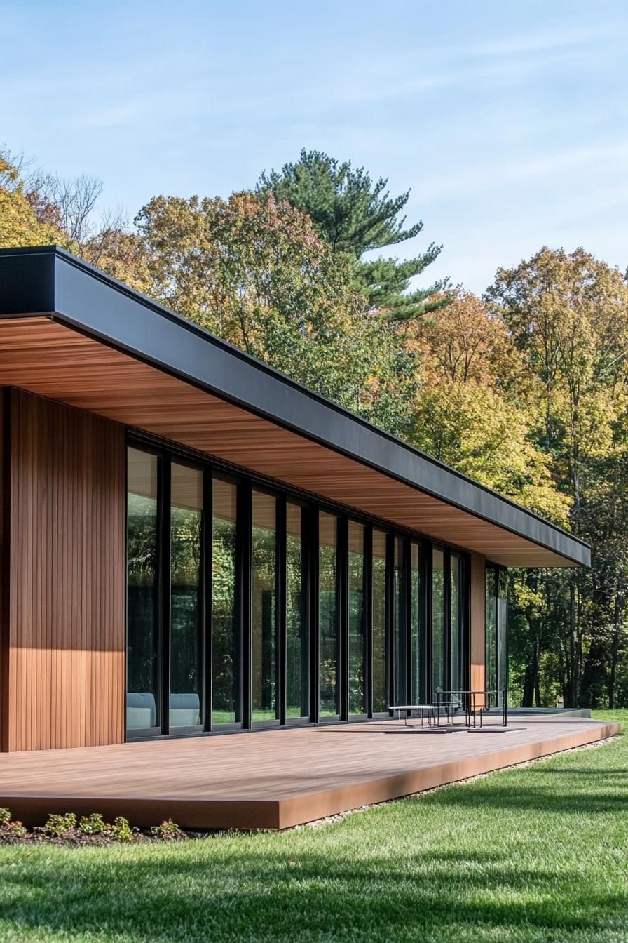 Long house with glass facade nestled in nature