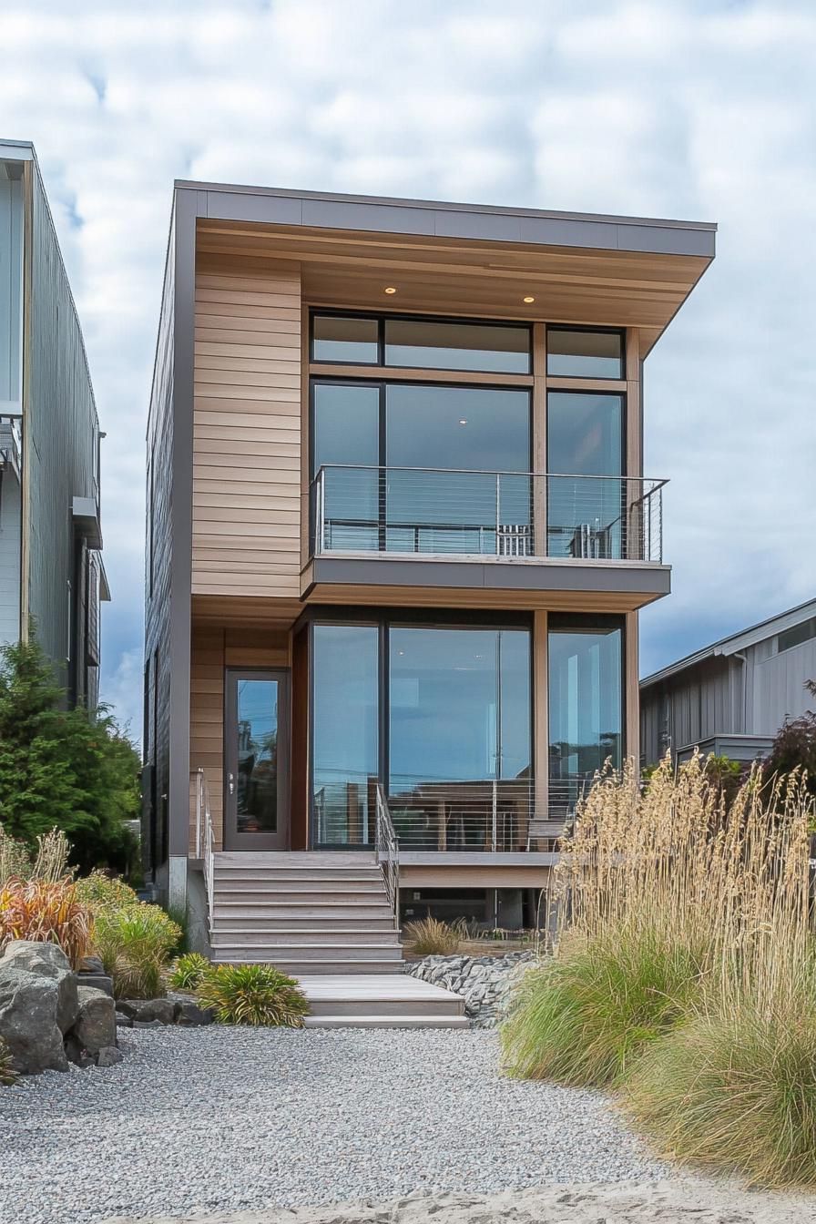 Modern beach house with large windows and wooden exterior