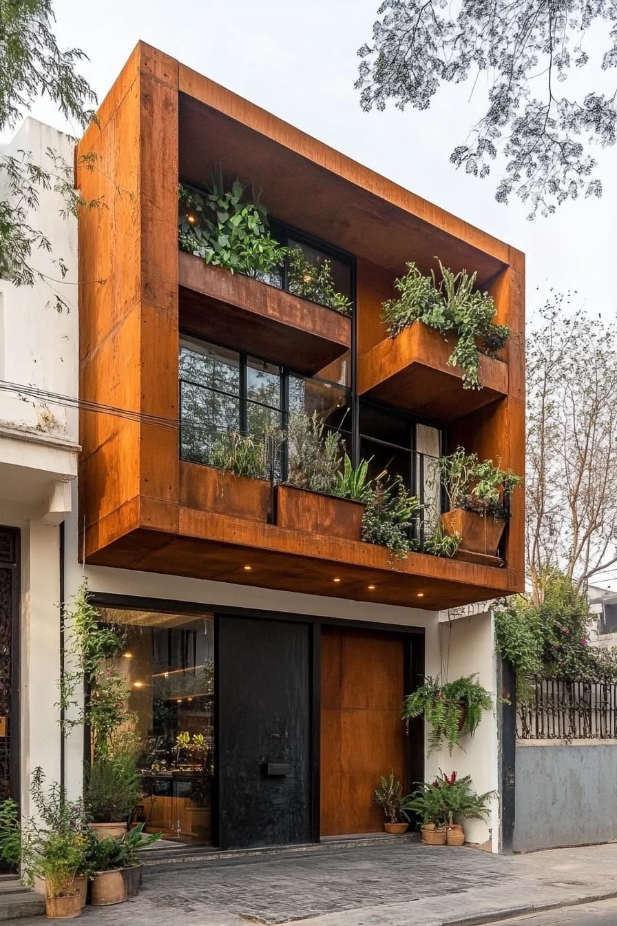 modern house geometric facade with rusted metal balcony planters 3