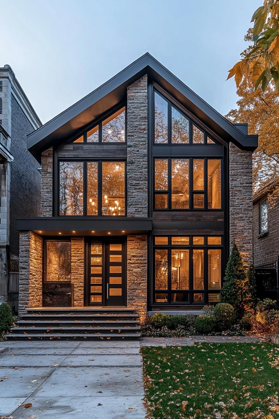 Contemporary house with large windows and stone facade