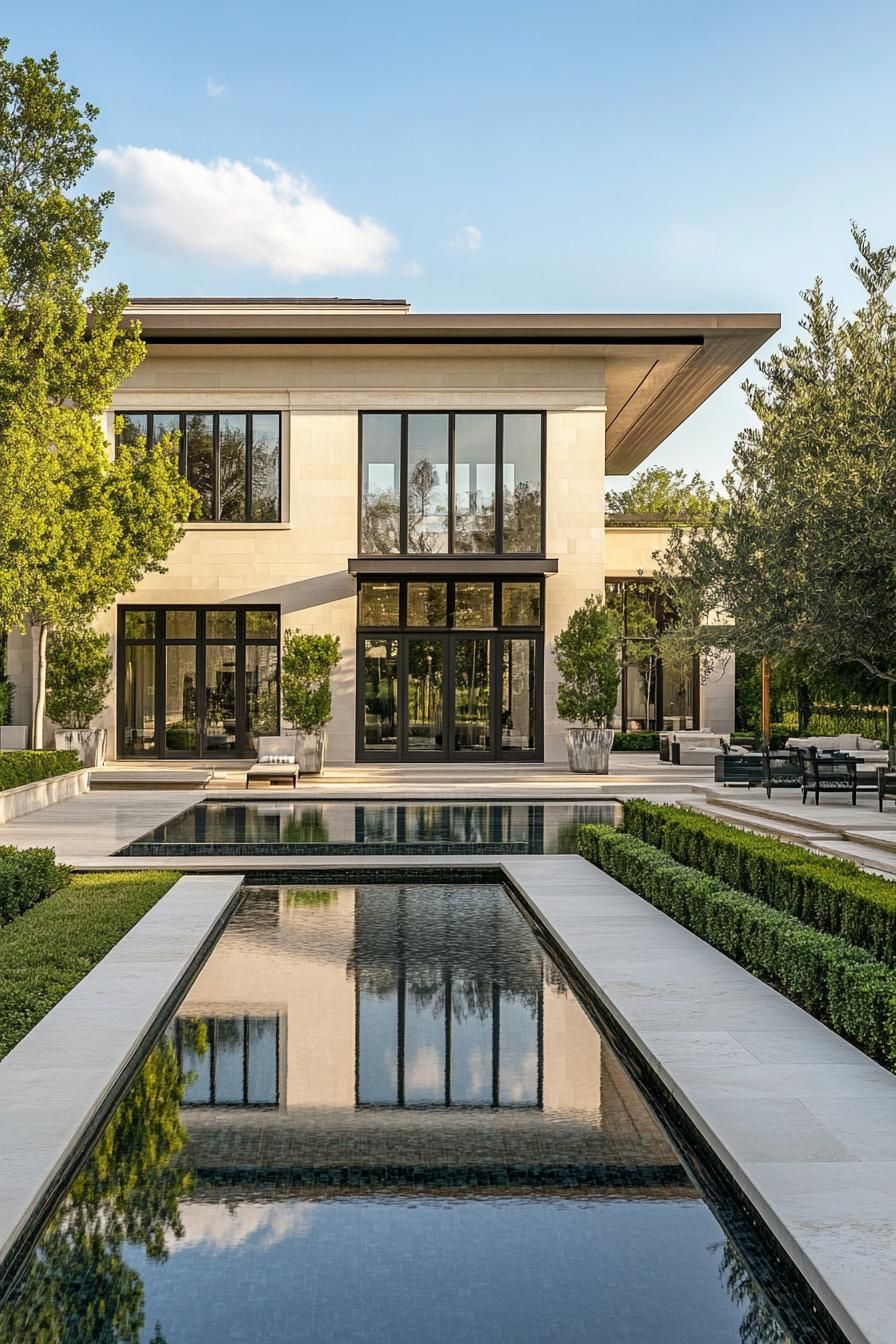 Modern home with expansive windows and pool reflection