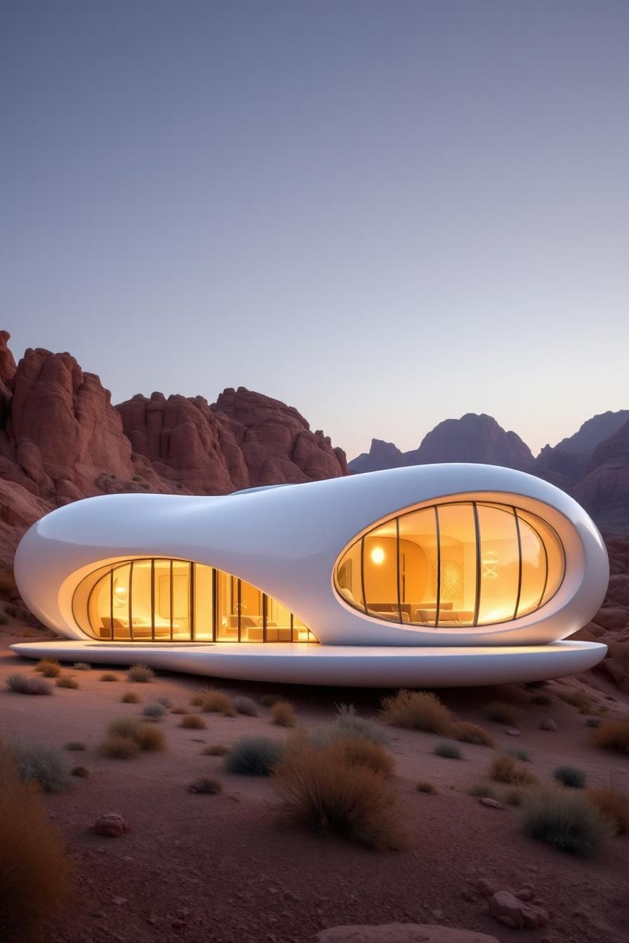 Sleek white futuristic home with large windows in a desert landscape