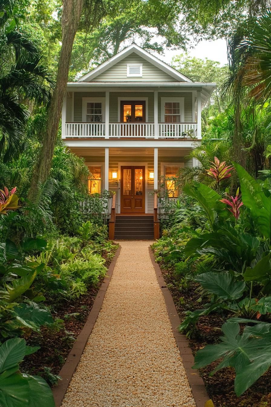 Tropical cottage surrounded by lush greenery