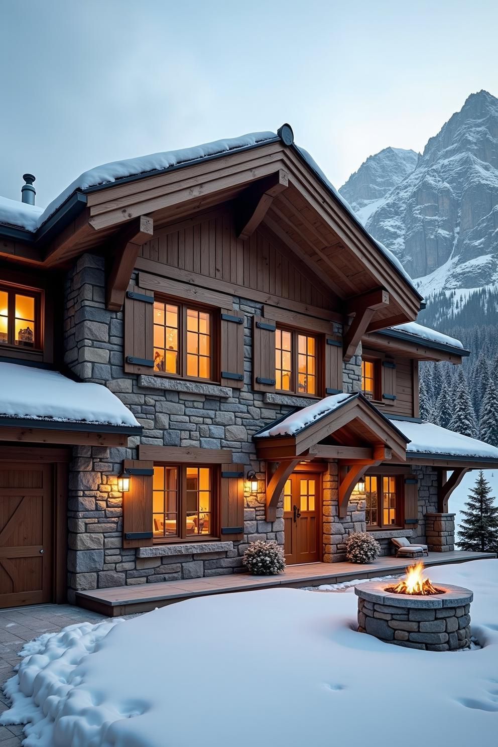 Snow-covered stone cabin at twilight