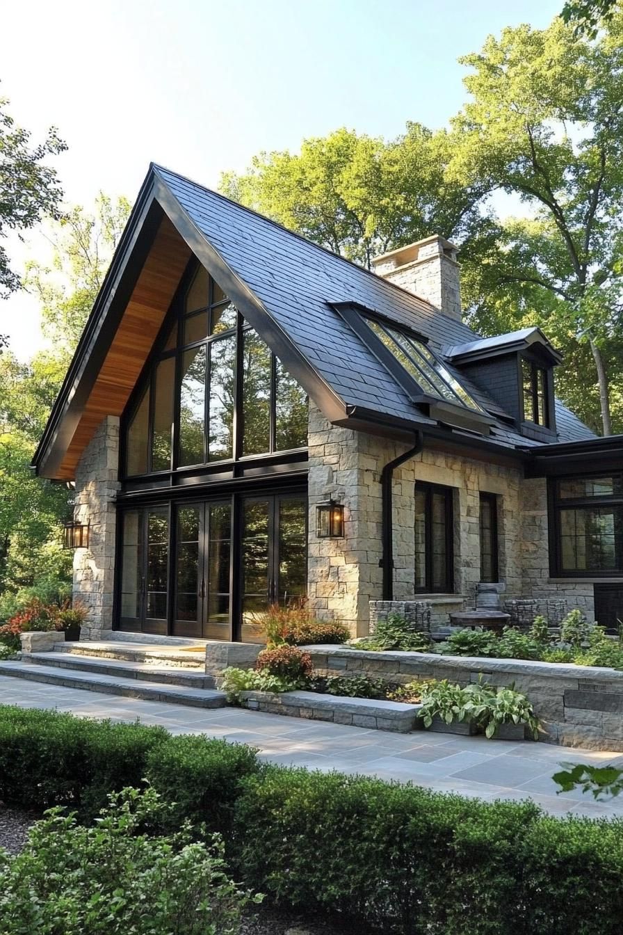 Modern stone cottage with large windows and slate roof