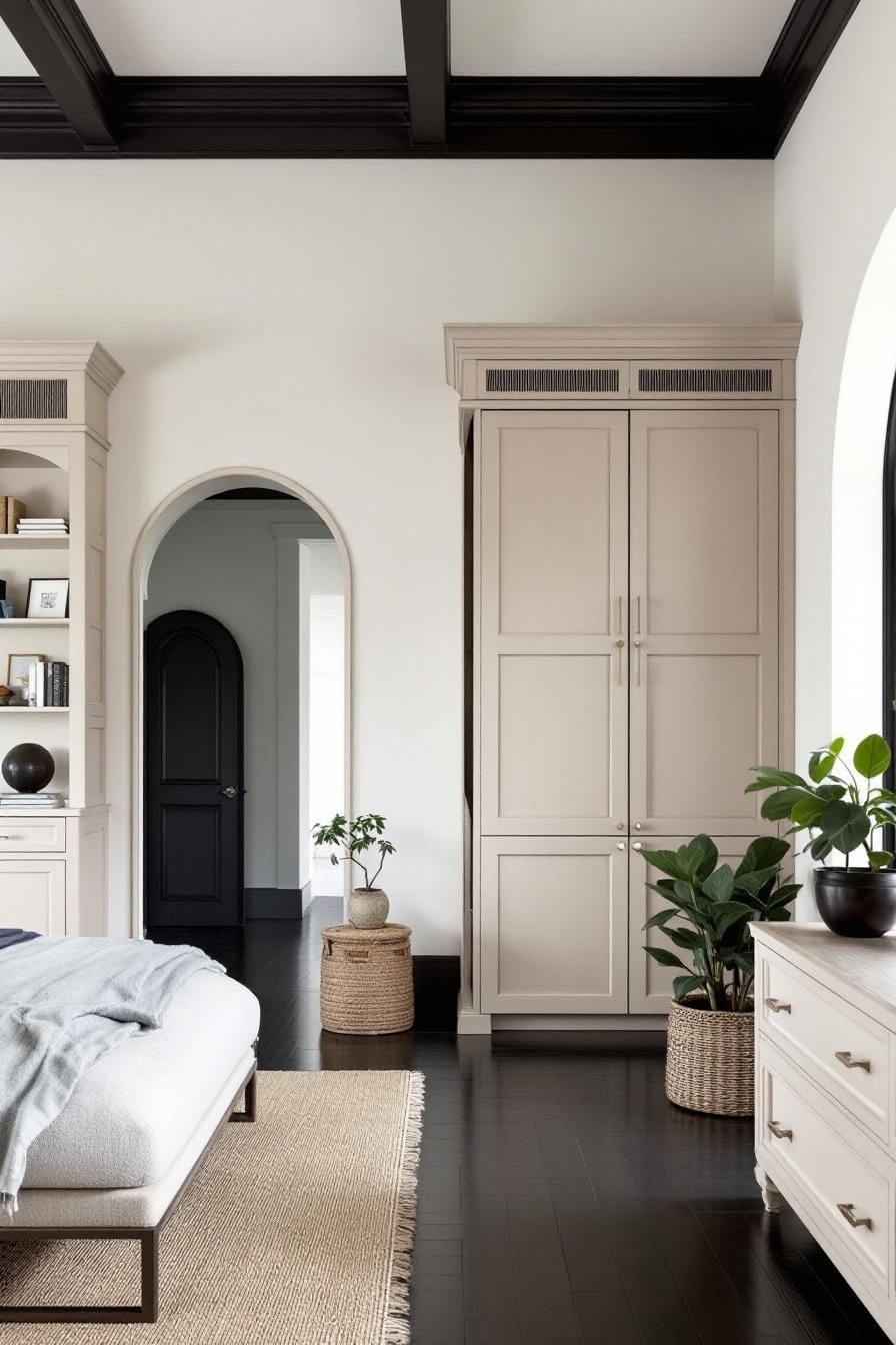 Colonial-style room with light cabinets, black door, and plants