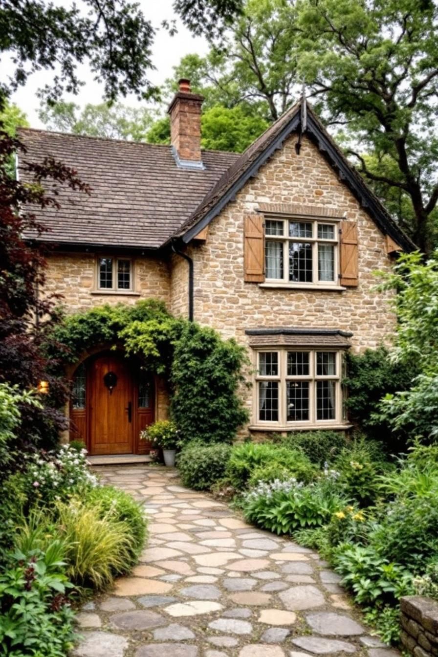 Stone cottage with wooden door and lush garden