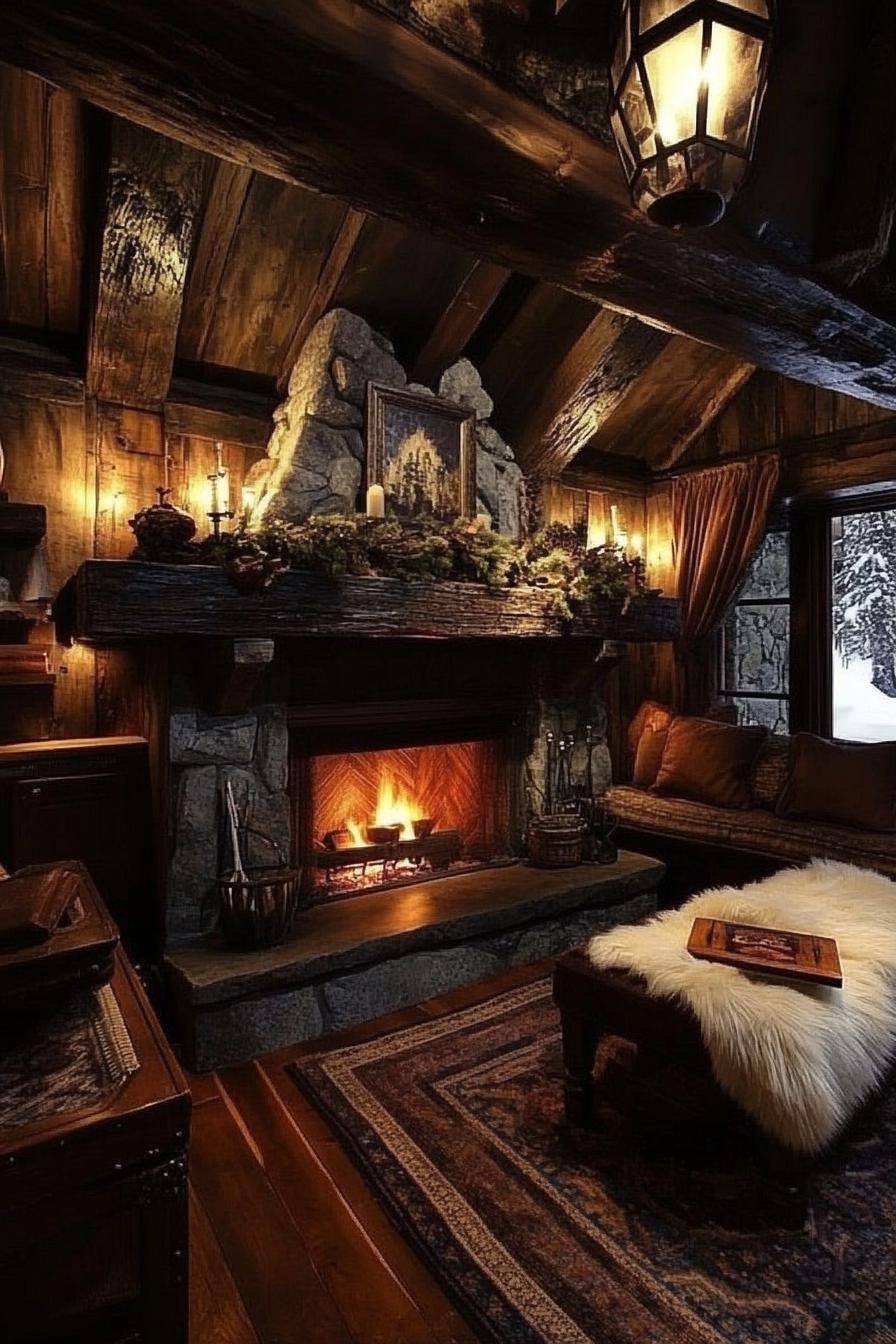 Cozy stone-walled room with a roaring fireplace