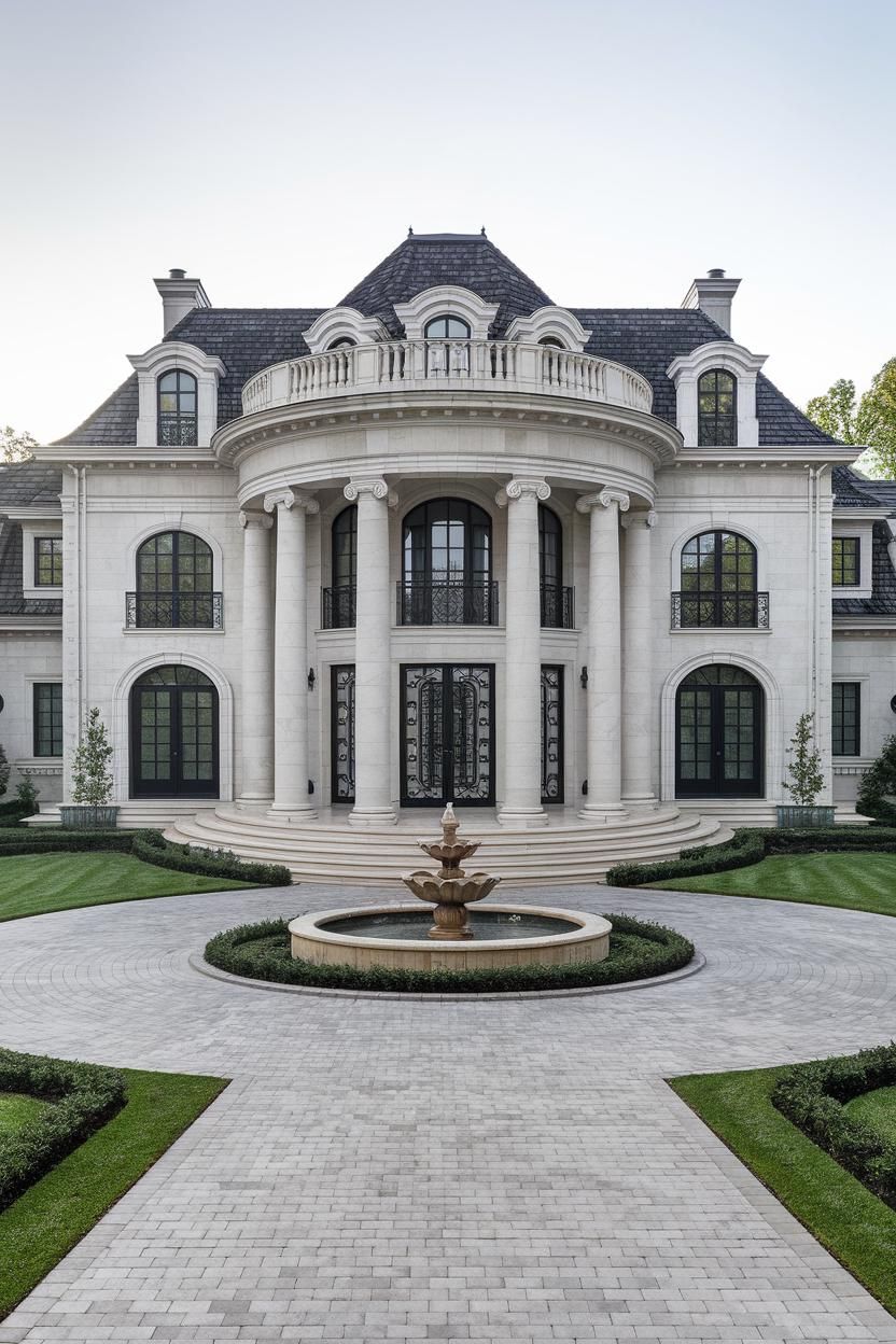 Elegant mansion with a circular drive and fountain