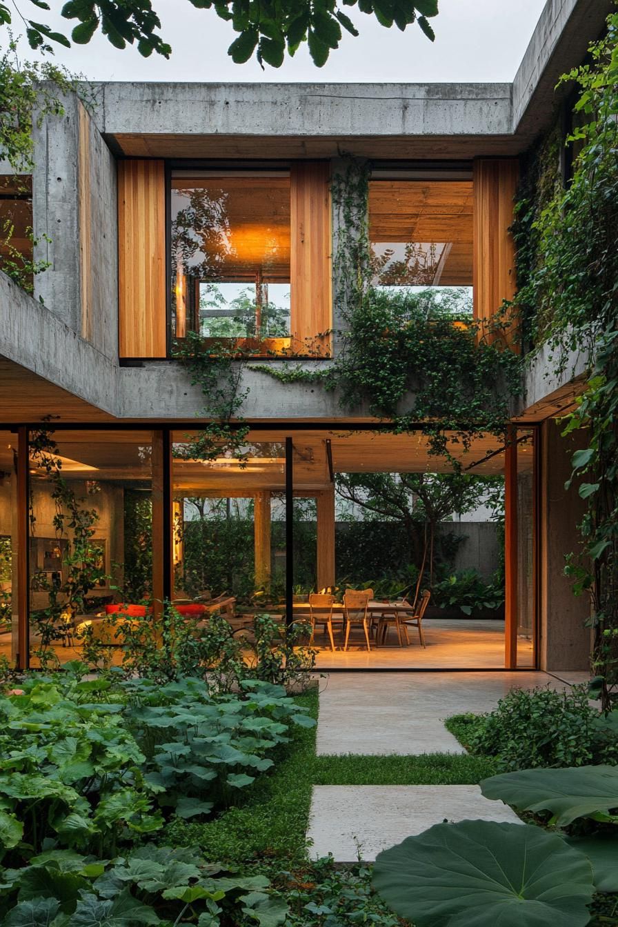 modern concrete and reclaimed wood house courtyard with lush garden large modern windows with wooden frames concrete edges with vines