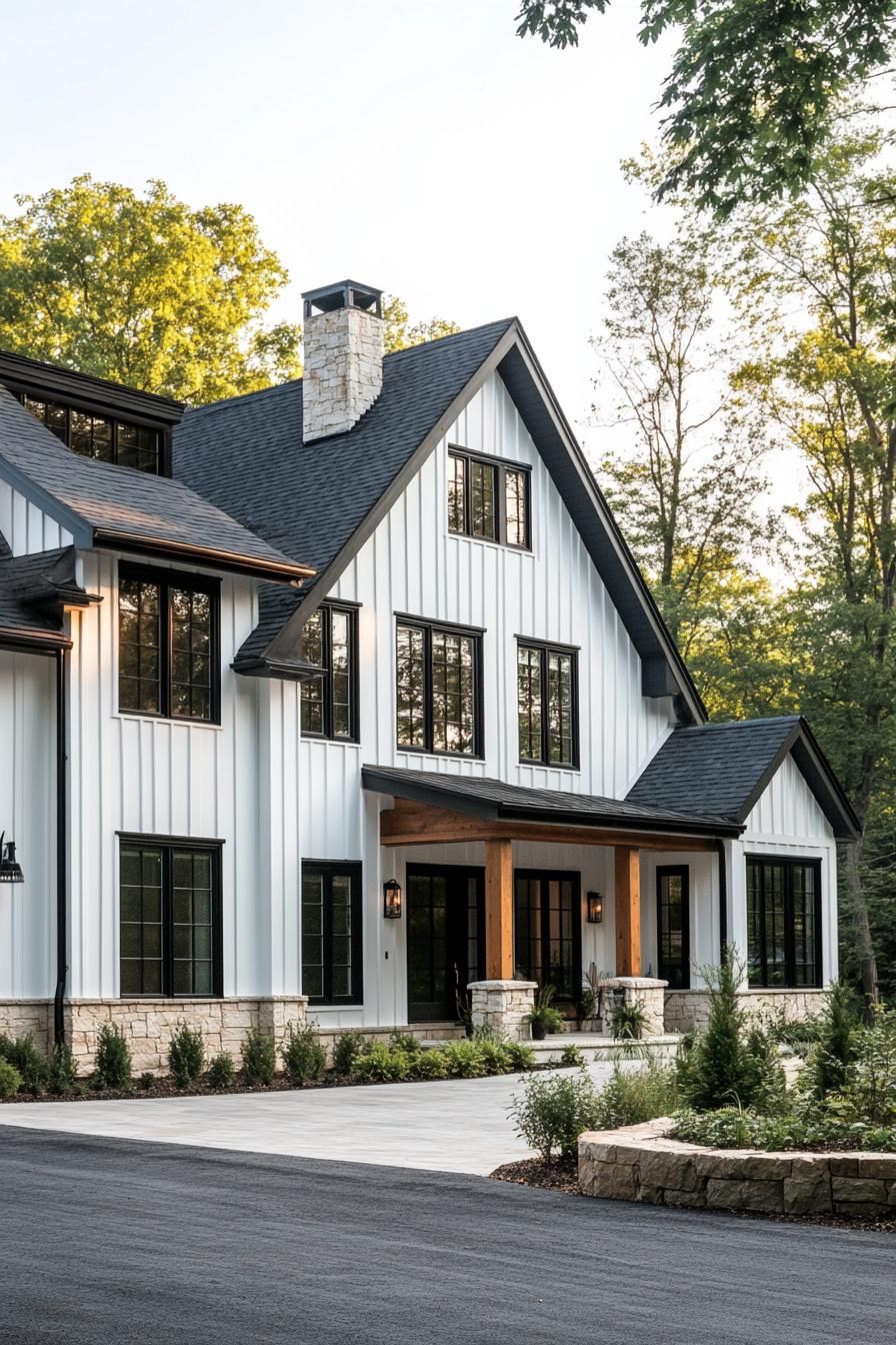 White house with contrasting black trim and roof