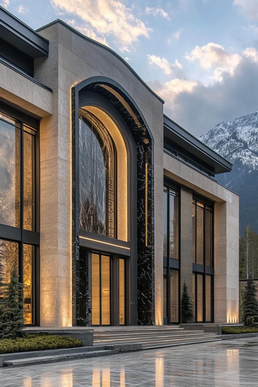 Modern house with large windows and unique arch design in a mountainous setting