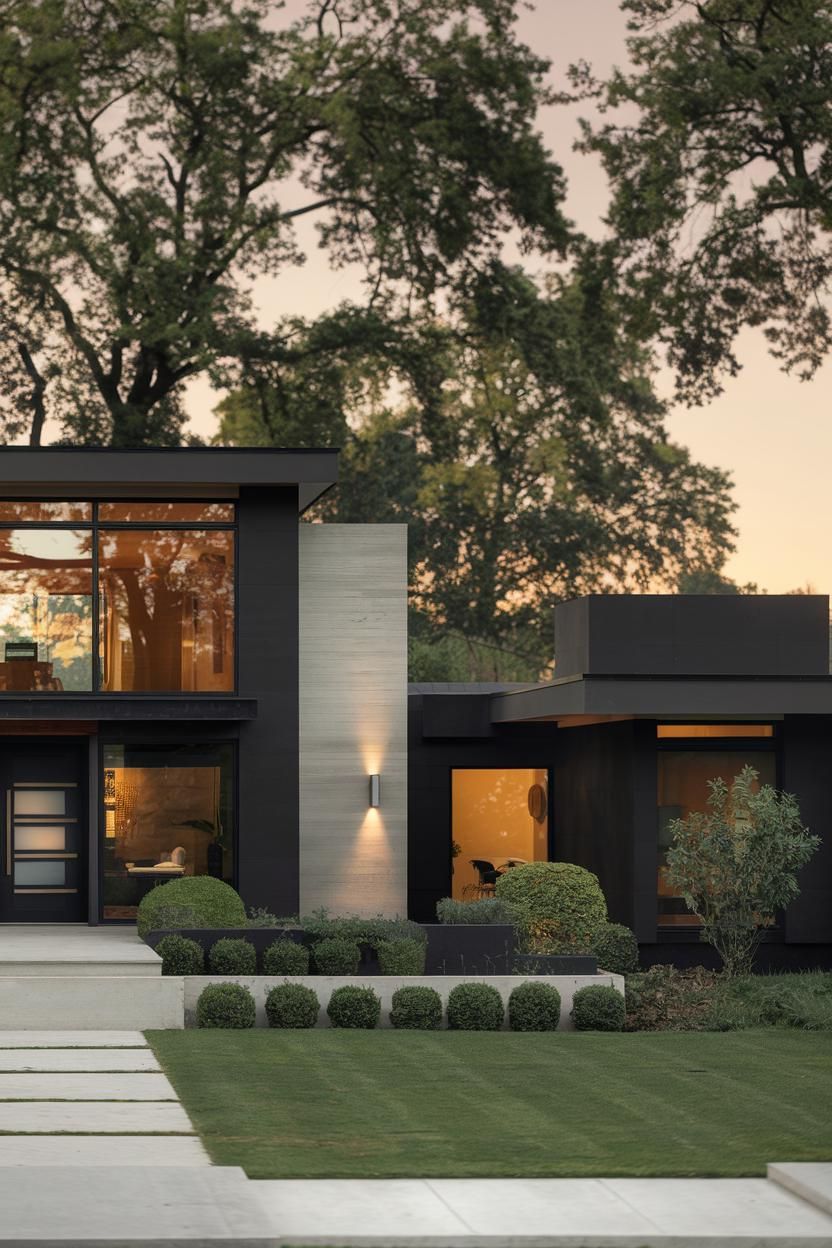 Black modern house with large windows surrounded by trees and neat landscaping