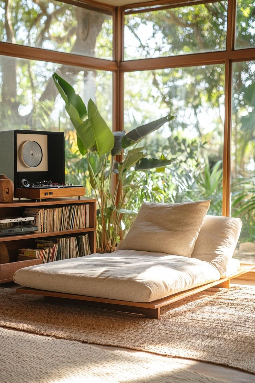 Mid-century room with record player and lounge chair