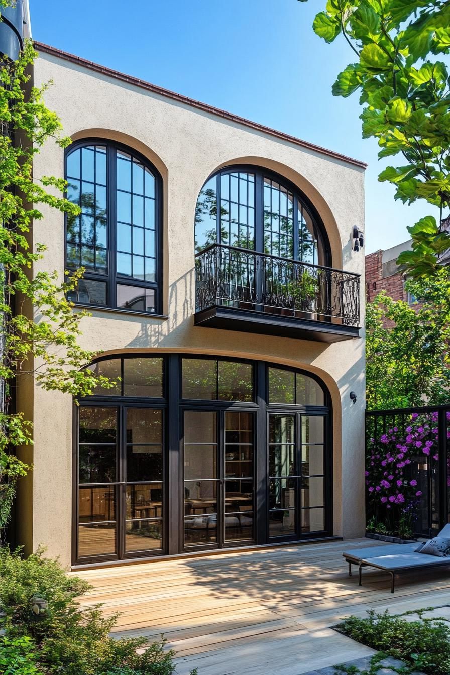 Modern townhouse with large arched windows on a deck