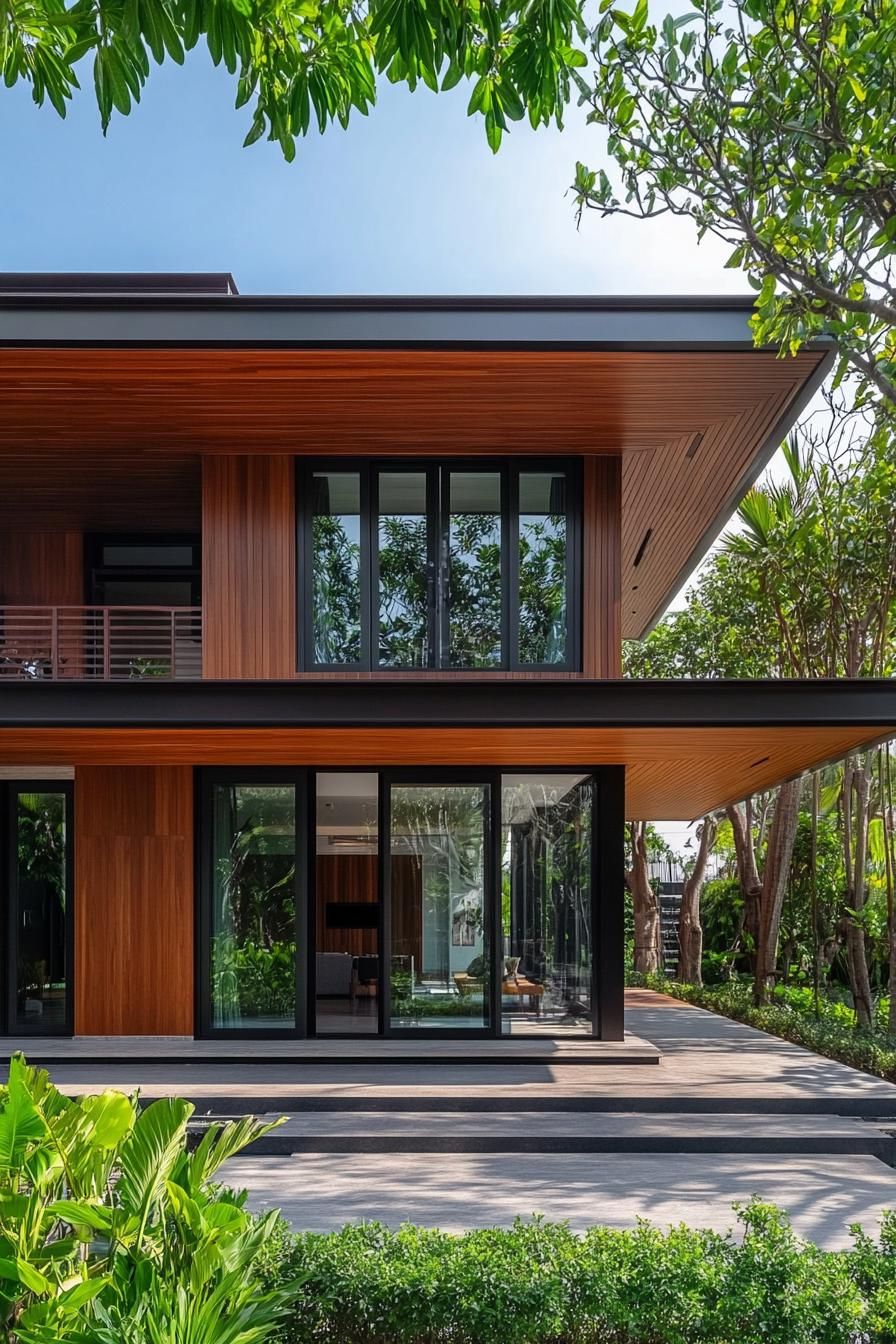 Contemporary wooden Thai house with lush greenery