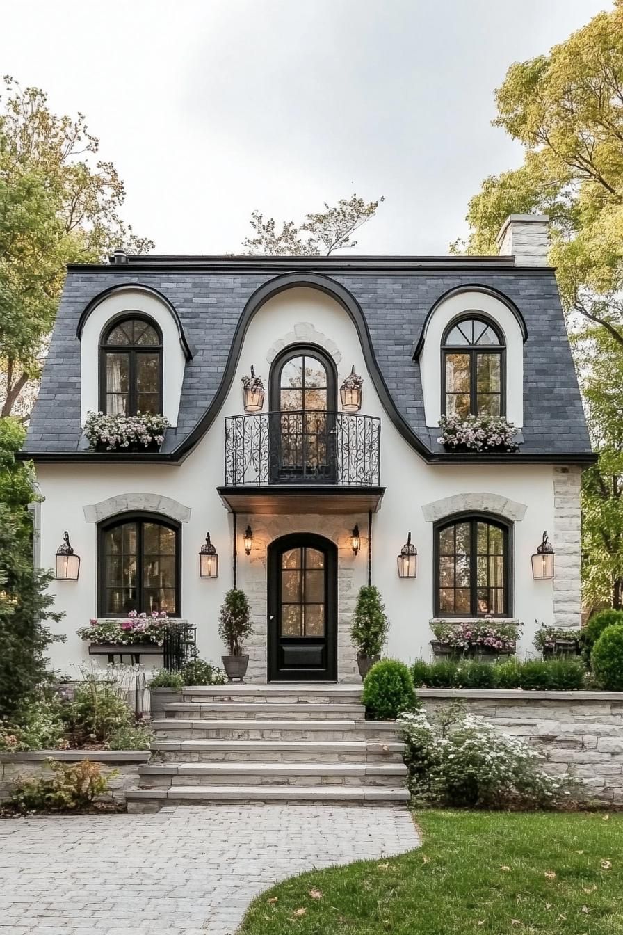 french white cottage with grey stone tile roof with dormers iron balconies with flowers stone brick foundations front yard with steps geometric 1