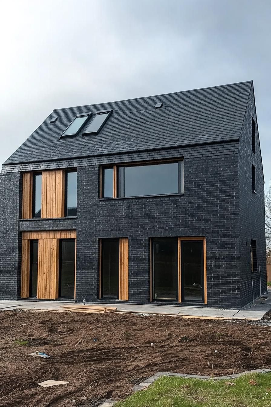 Modern barn house with black brick exterior and wooden trims