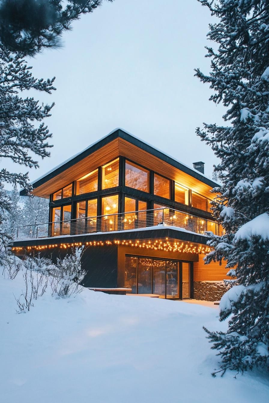 Modern cabin glowing warmly amidst snowy trees