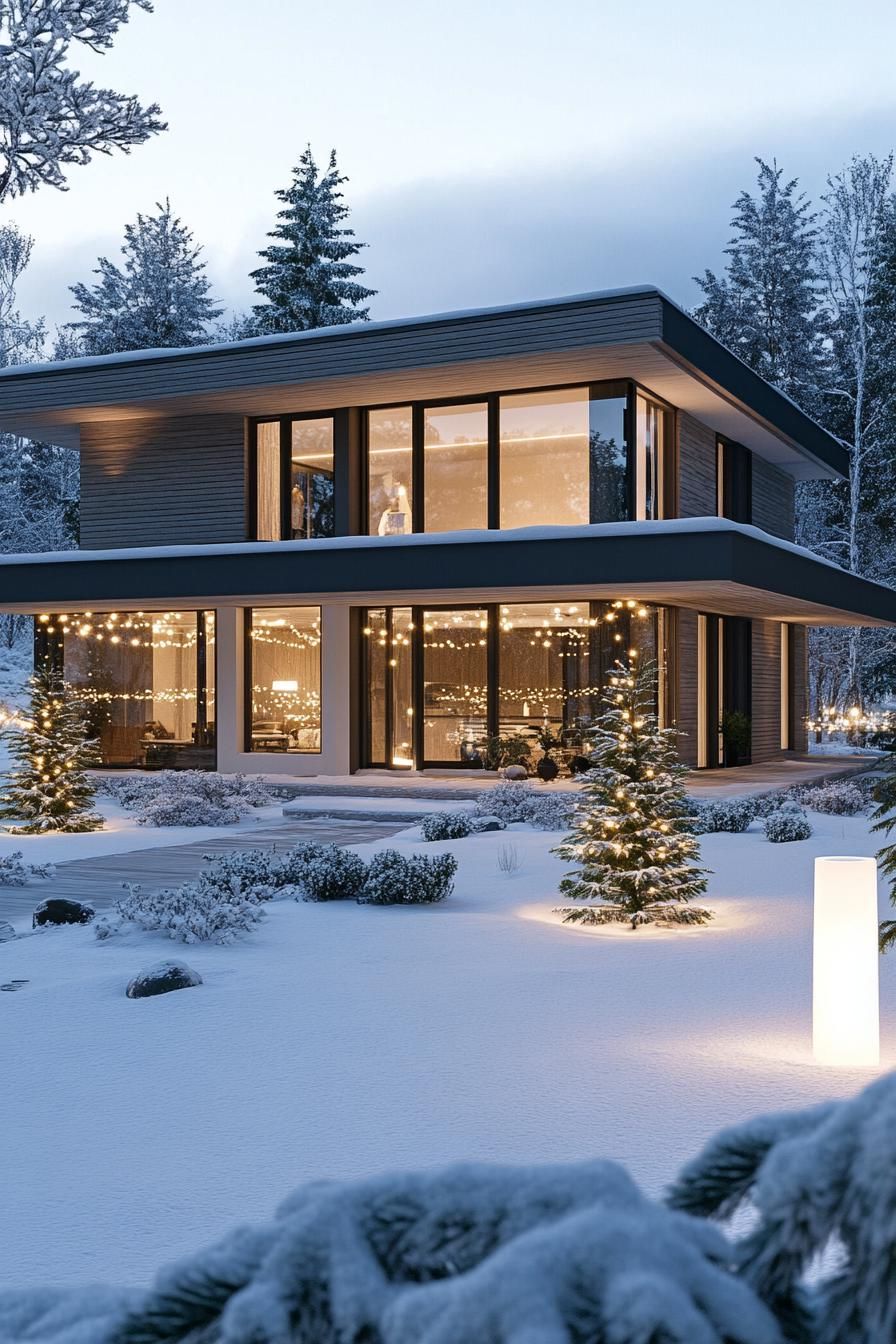 front view of a modern cottage house with grey horizontal slatted siding large white windows multi pitched roof with snow porch with white columns 3