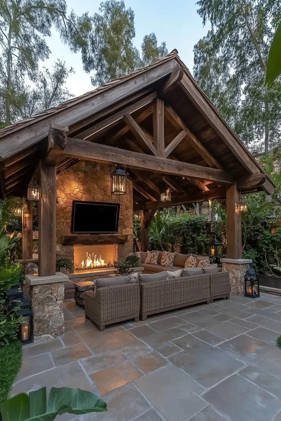 Cozy outdoor area with stone fireplace and wicker seating