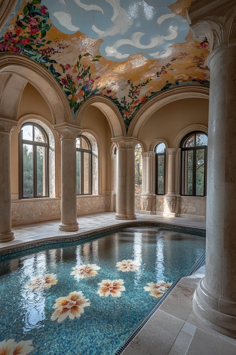 dreamscape luxury spa with large arched windows columns with floral mosaics pool with floral mosaics mosaic floors ceilings with cloud art 1