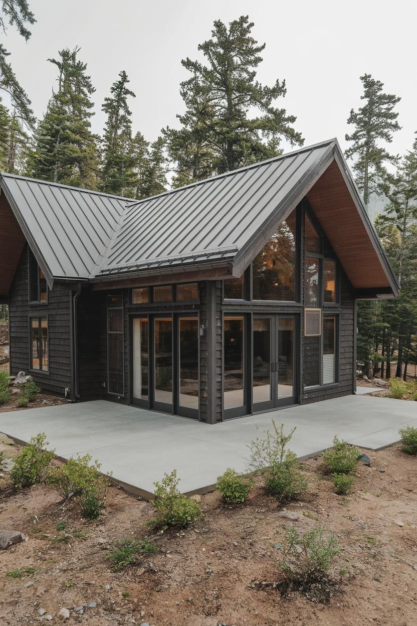 Contemporary cabin with sharp roof and glass walls