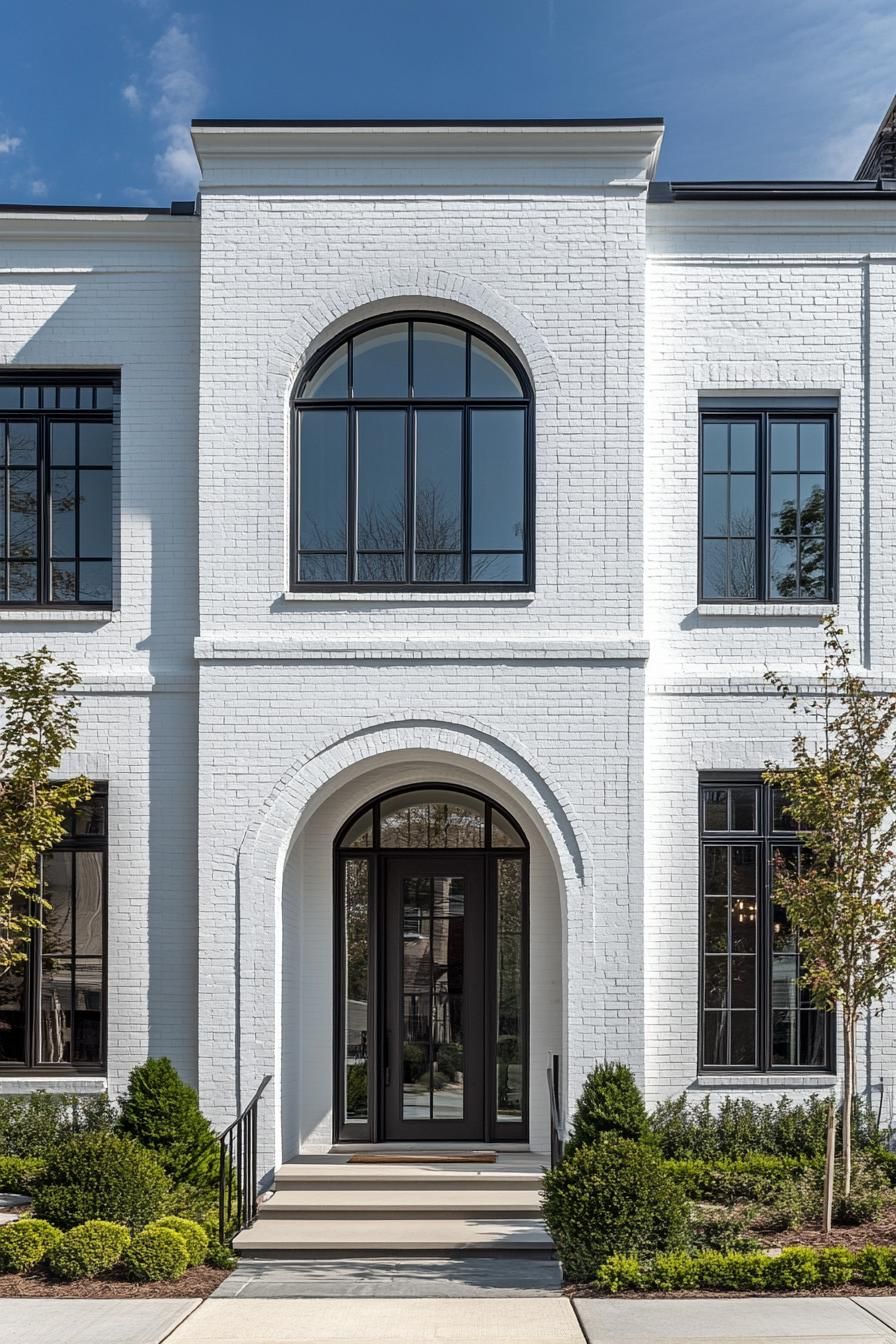 modern white brick townhouse with arched front door way modern windows in white trim