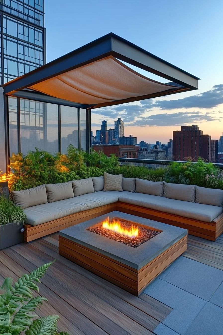 modern rooftop terrrace with sectional cushioned sofa raised wooden deck with gas firepit metal frame and glass screen fabric shade planted fern 3