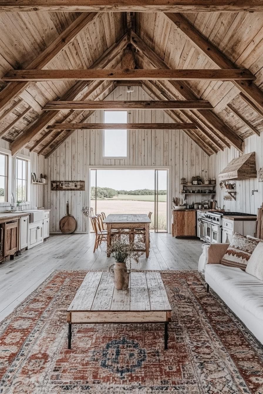 modern barndominium interior high vaulted ceiling in reclaimed wood exposed wooden beams whitewashed wood plank walls open plan kitchen at the far 2