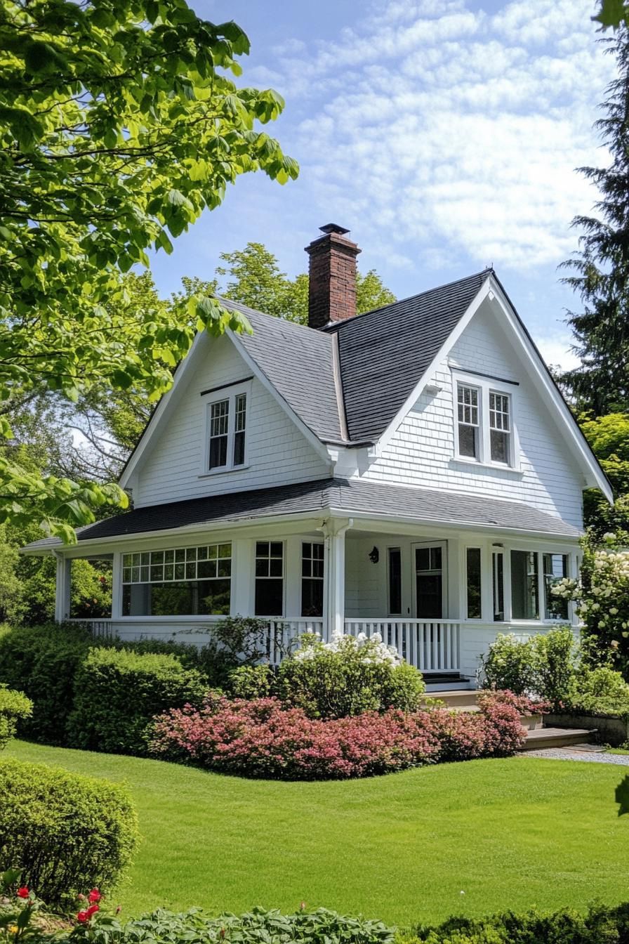 white cottage house with multi pitched roof modern and bay windows front yard with shrubs v 6.1