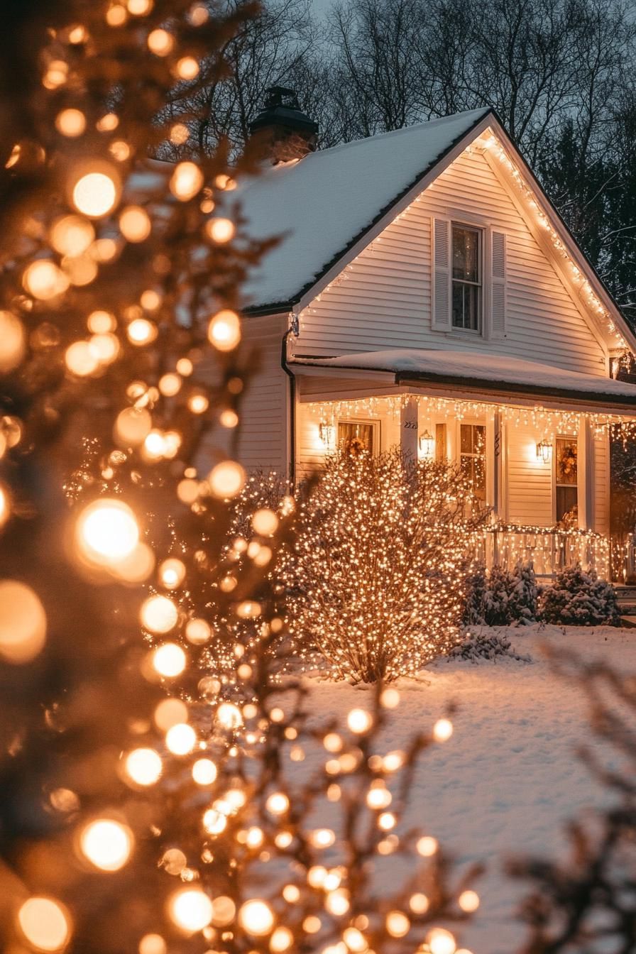 front of a cottage house with white horizontal slat siding bay windows multi pitched roof lined with fairy lights the facade and front yard shrubs 1