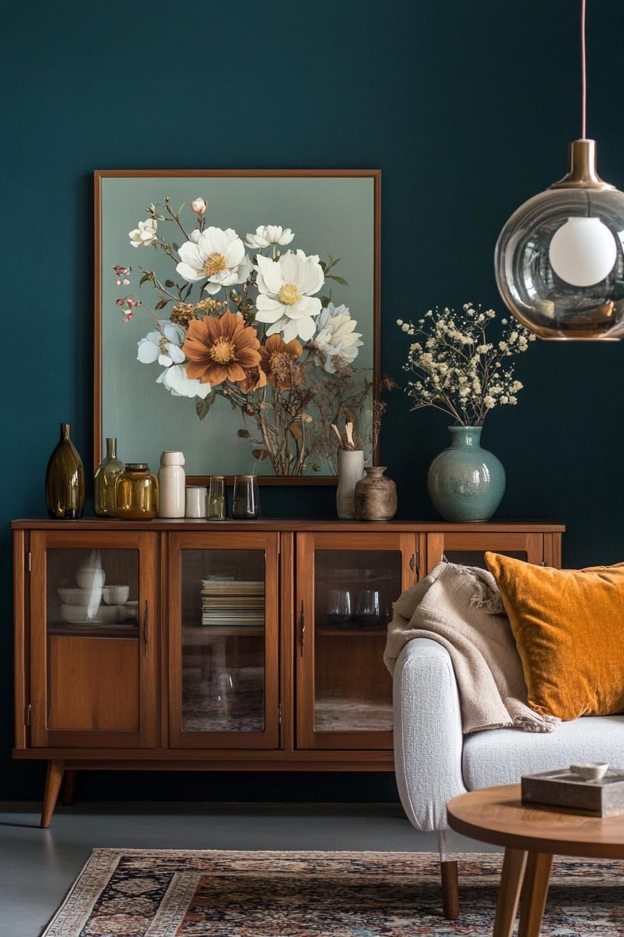 Mid-century living room with teal walls and wooden accents