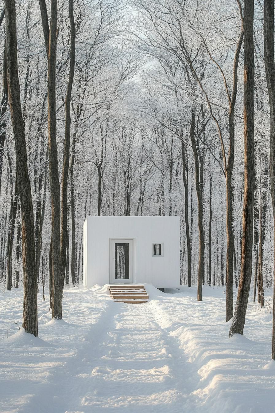 White minimalist cabin in a snowy forest